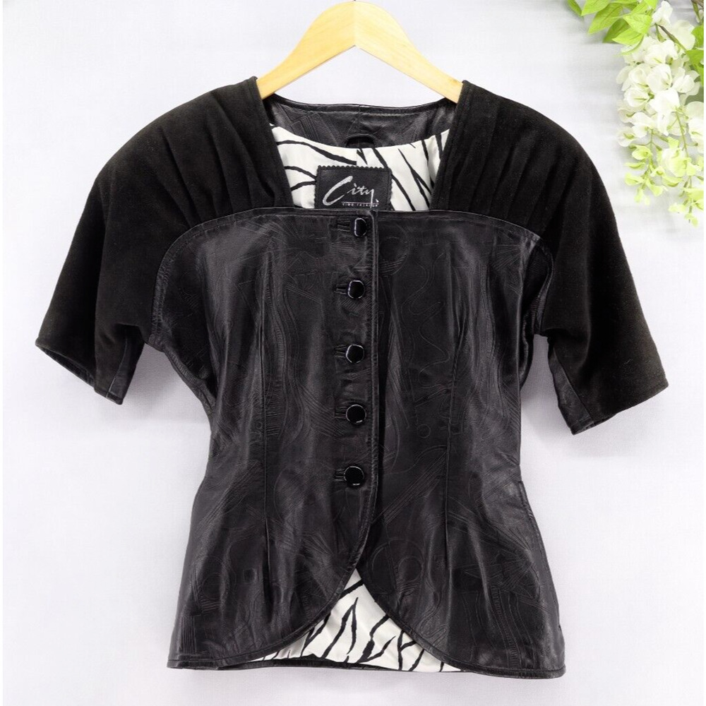 Vintage 90s City Women's Black Leather Top Small Suede Short Sleeve Whimsigoth
